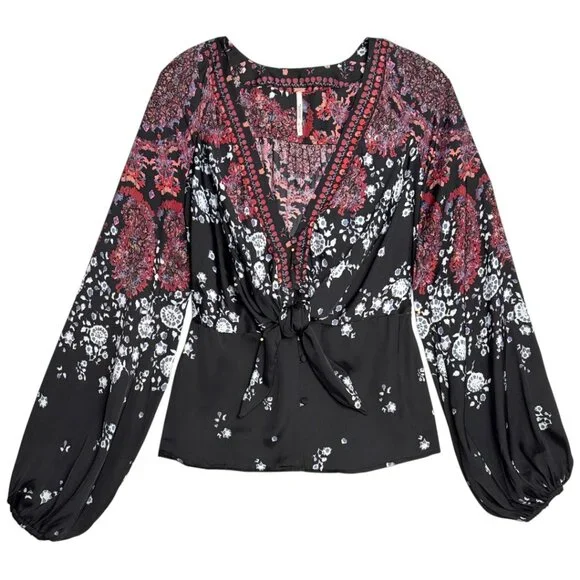 FREE PEOPLE FLORAL BOHO COTTAGECORE BLOUSE ROMANTIC HIPPIE FLOWER CHILD SMALL - Picture 1 of 9